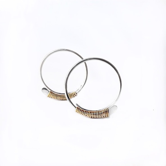 925 Sterling Silver Hammered Open Threader Hoop Earrings Wire Wrapped In Gold - Picture 7 of 11